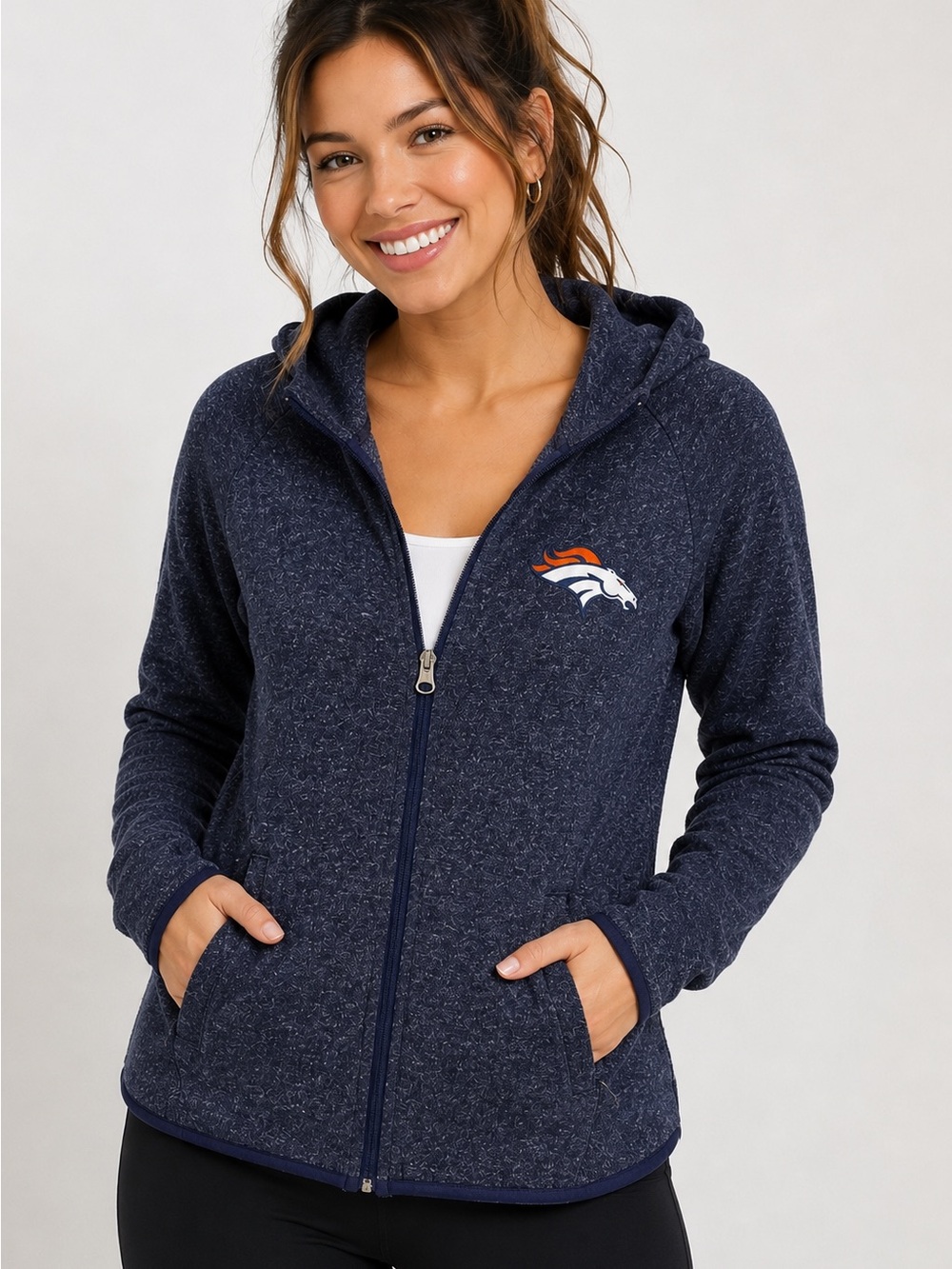 Denver Broncos Logo Blue Navy Woman Small full zip hoodie fleece jacket NFL fans